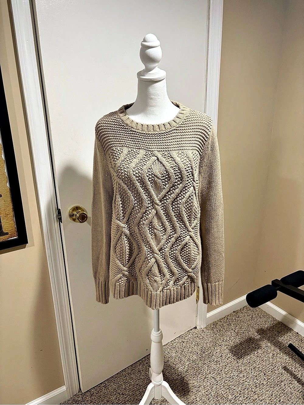Lands' End Drifter Cable Crewneck Sweater Beige